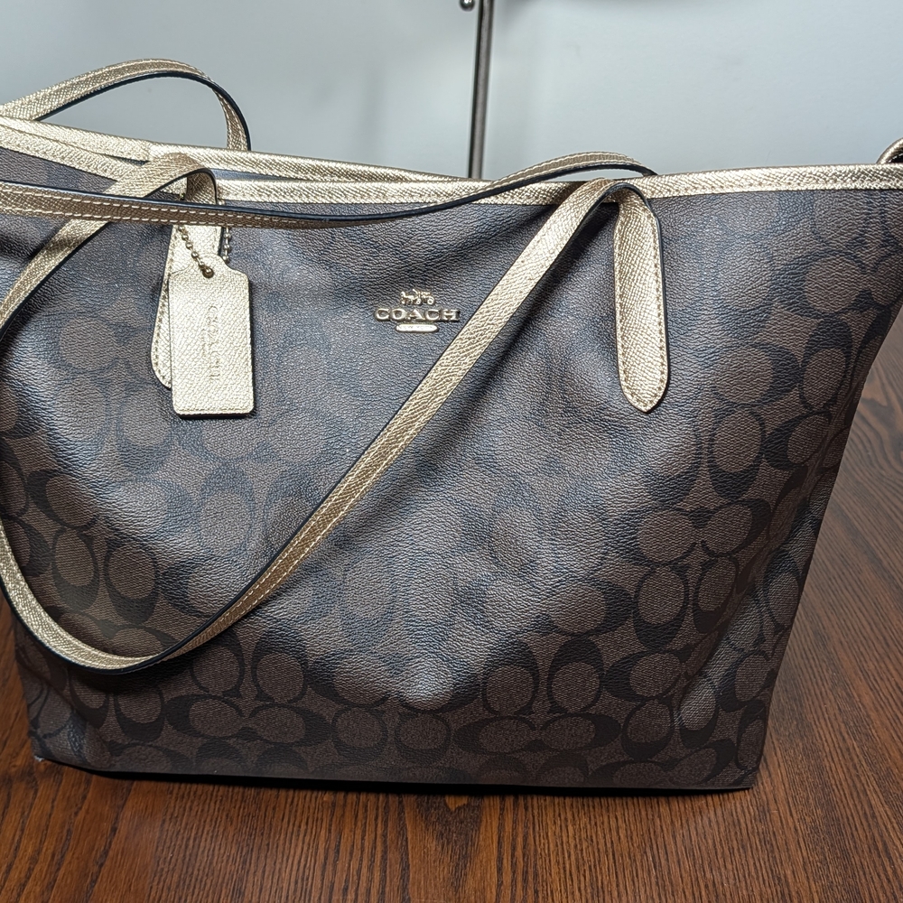 Coach Signature Brown and Gold Tote Bag